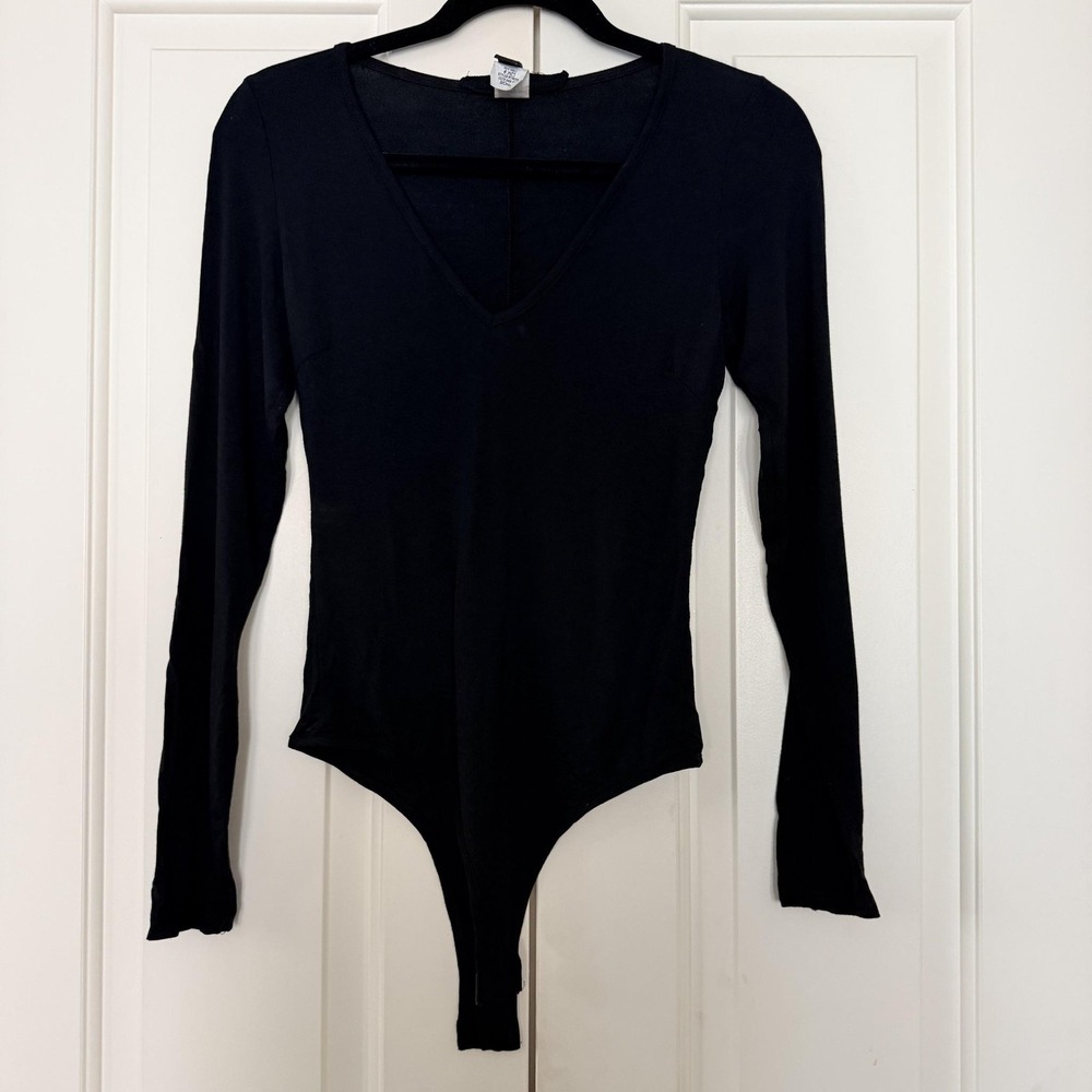 Windsor Bodysuit Womens S Black Long Sleeve V Neck Snap Crotch Stretchy Top